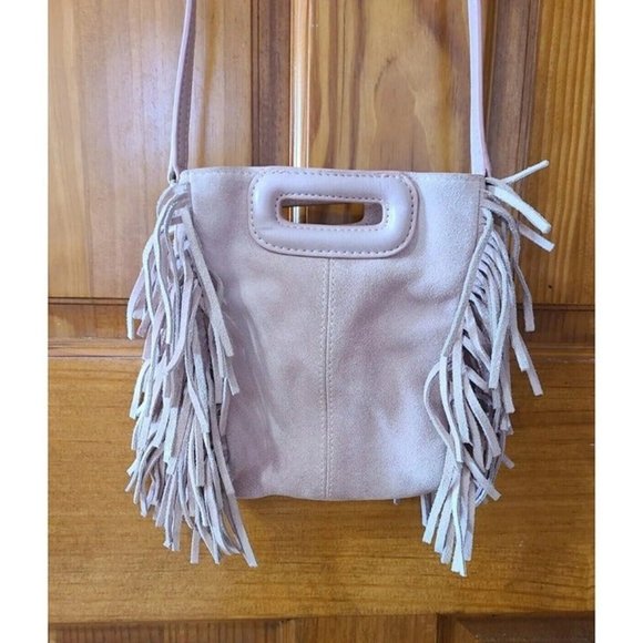 Maje Handbags - MAJE Mini M Purse Crossbody Bag Pink Dune Fringe Boho Handbag Suede